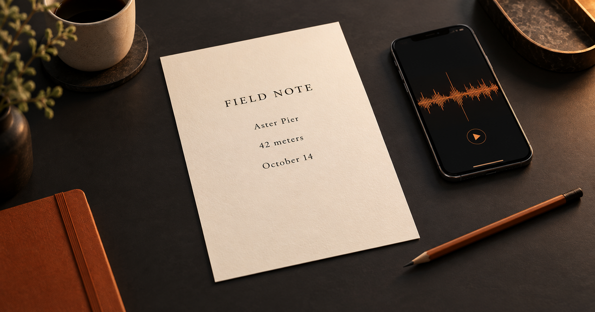 A transcript page with Aster Pier, 42 meters, and October 14 beside a phone recording