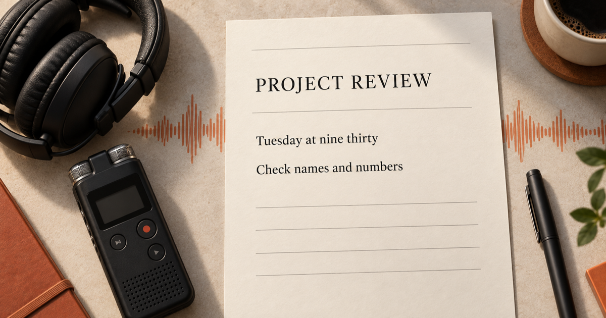 A reviewed project transcript beside an audio recorder, with a line about checking names and numbers