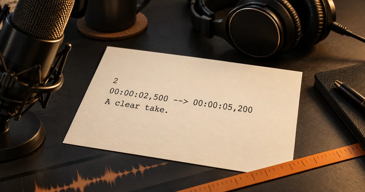 SRT cue sheet beside a narration microphone and headphones