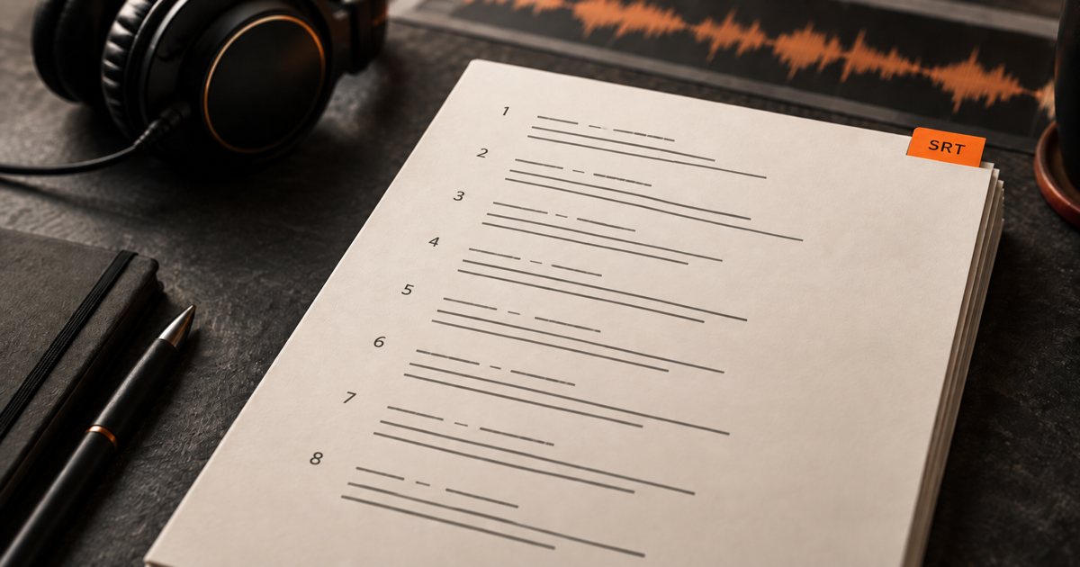 Printed SRT caption handoff sheet on an audio editing desk