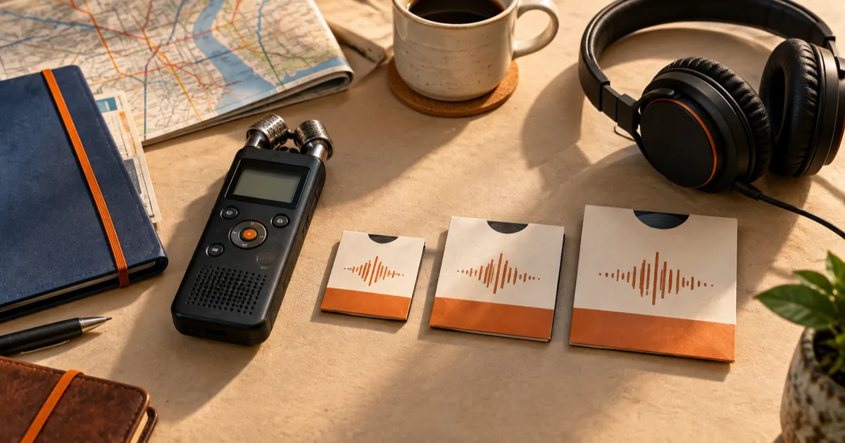Field recorder and three compact voice-note versions on a warm desk