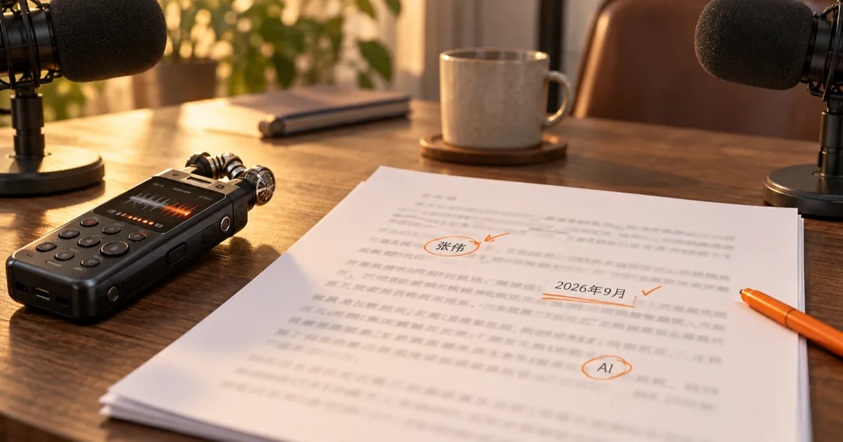 Mandarin interview notes and a reviewed Chinese transcript on a warm editorial desk