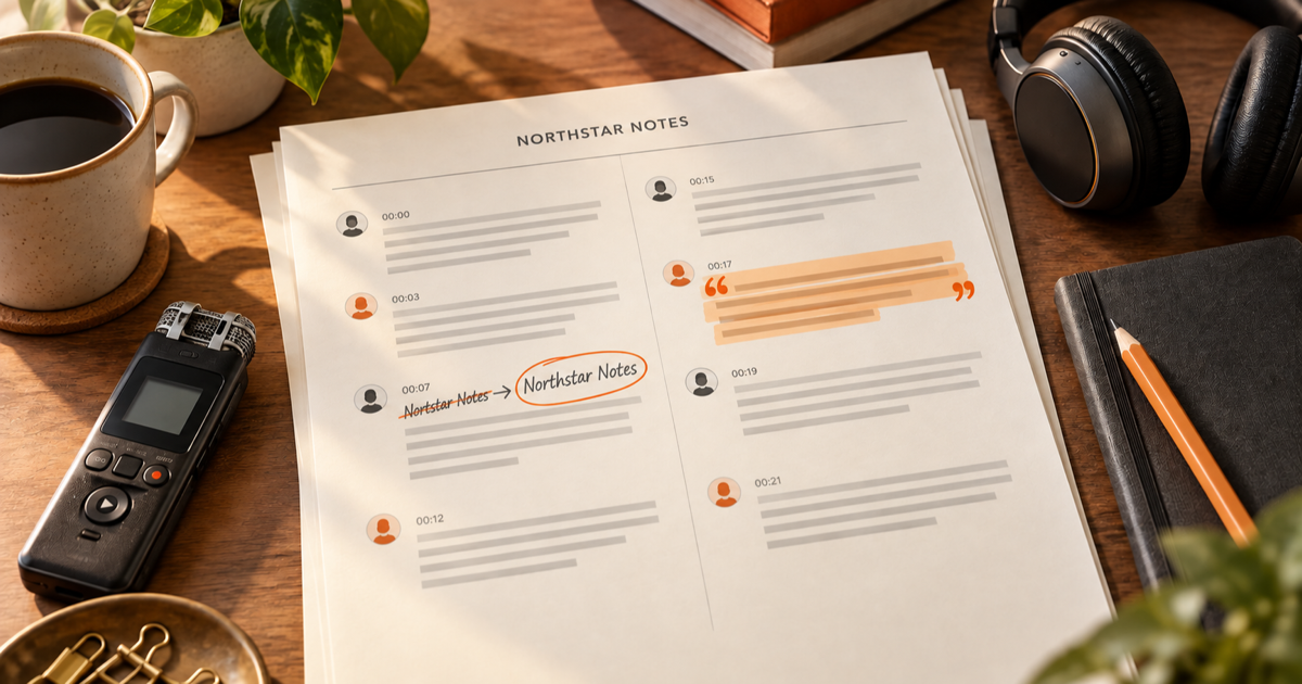 Interview quote review with a recorder, marked name correction, and timed transcript