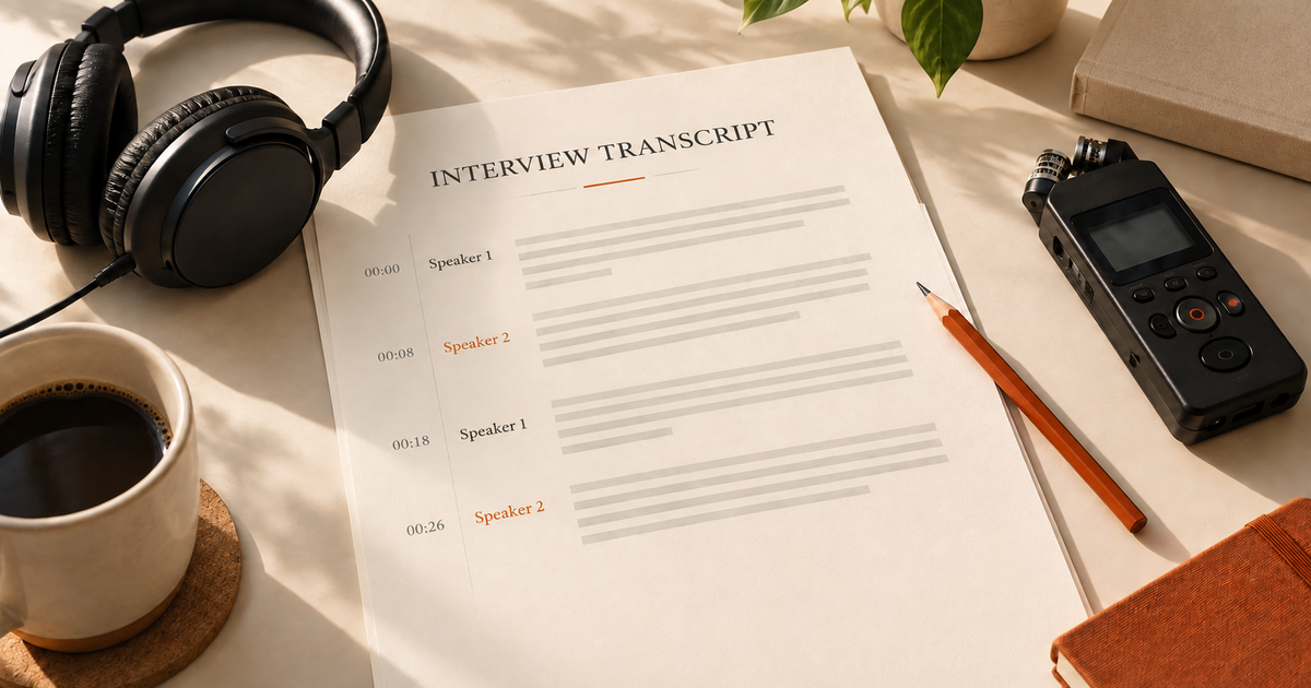 Printed interview transcript and listening notes beside an MP3 recording
