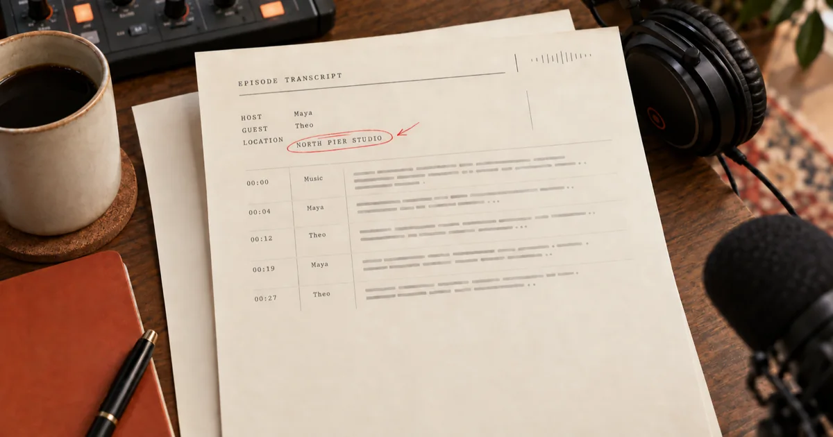 Podcast episode listening notes beside a two-speaker, timestamped transcript and a highlighted name correction